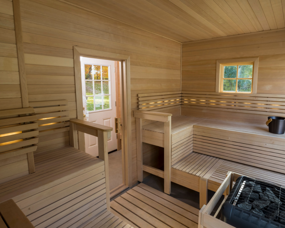 Custom Outdoor Sauna With Cedar Wood and Wrap Around Benches