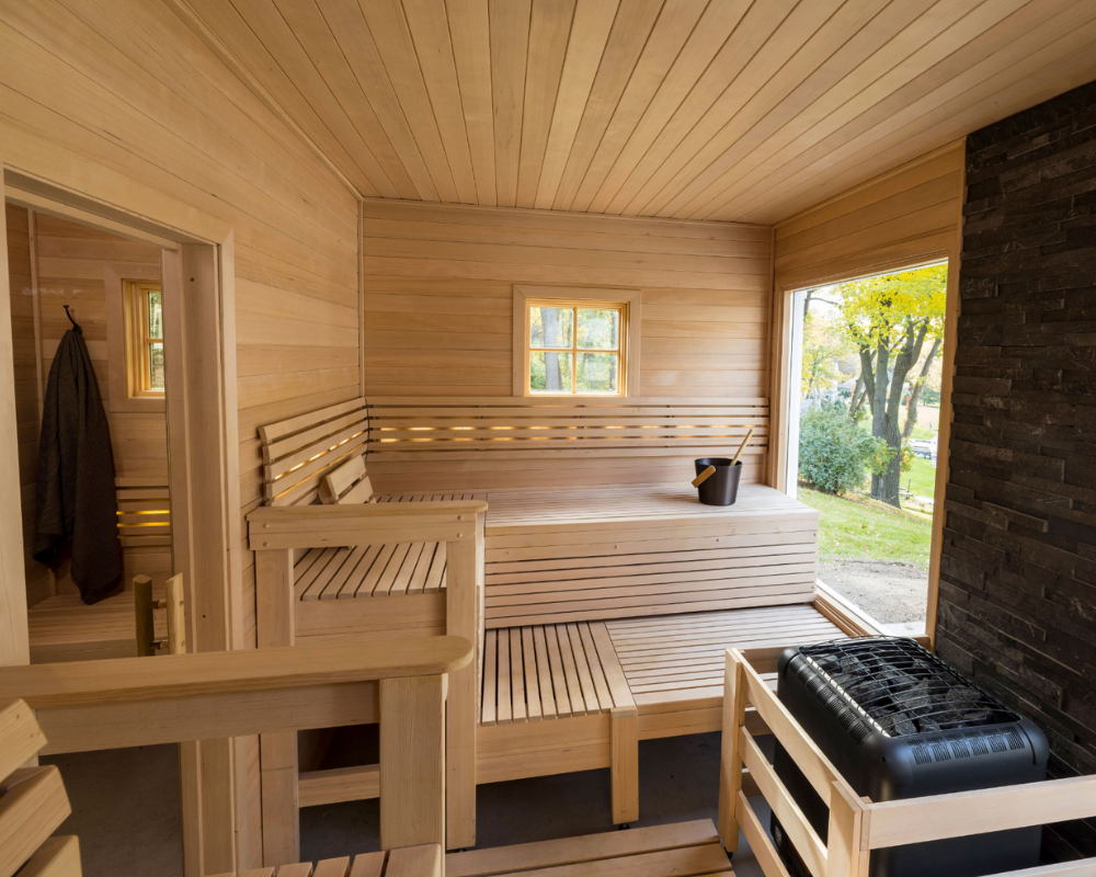 Custom Outdoor Sauna With Large Glass Window