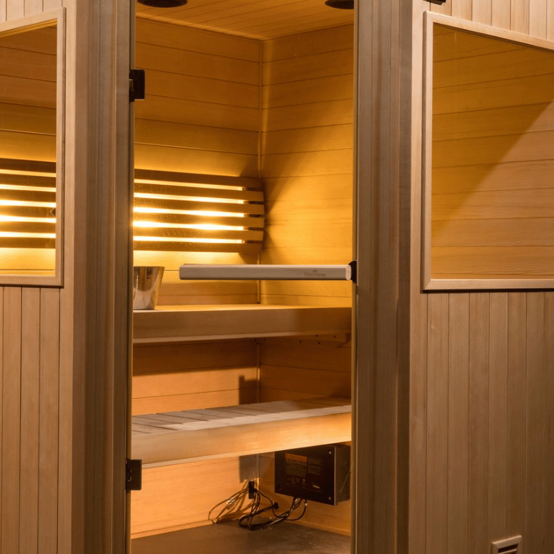 Hallmark 55 - 5'x5' Corner Panel Built Pre Fab Sauna Door Handle View