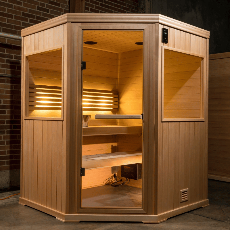 Hallmark 55 - 5'x5' Corner Panel Built Pre Fab Sauna Front View