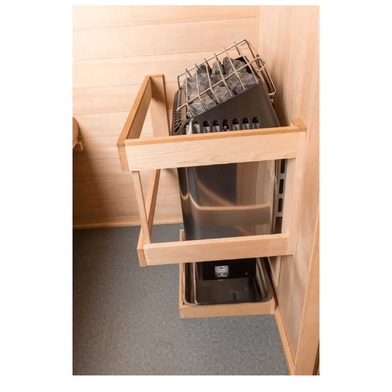 Hallmark 55 - 5'x5' Corner Panel Built Pre Fab Sauna Heater View