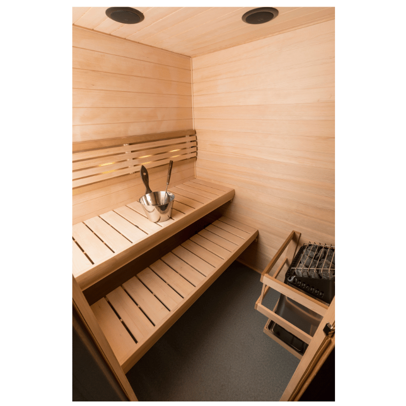Hallmark 55 - 5'x5' Corner Panel Built Pre Fab Sauna Interior and Lighting View
