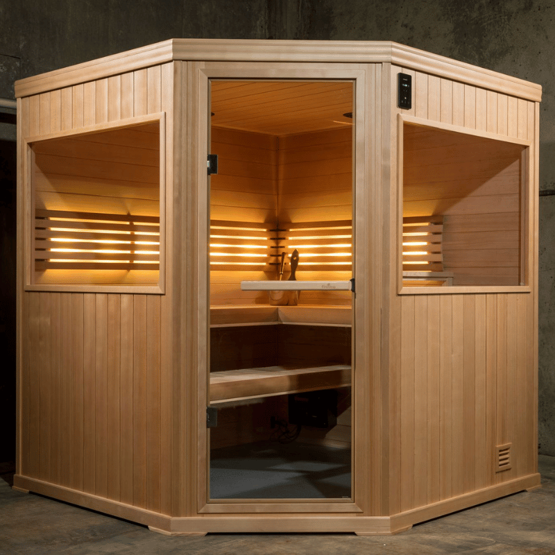 Hallmark 66 - 6'x6' Corner Panel Built Pre Fab Sauna Front View