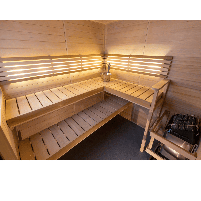 Hallmark 66 - 6'x6' Corner Panel Built Pre Fab Sauna Interior and Lighting View