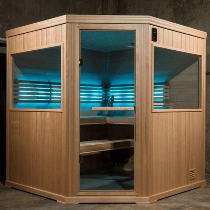 Hallmark 66 - 6'x6' Corner Panel Built Pre Fab Sauna Lighting Blue View
