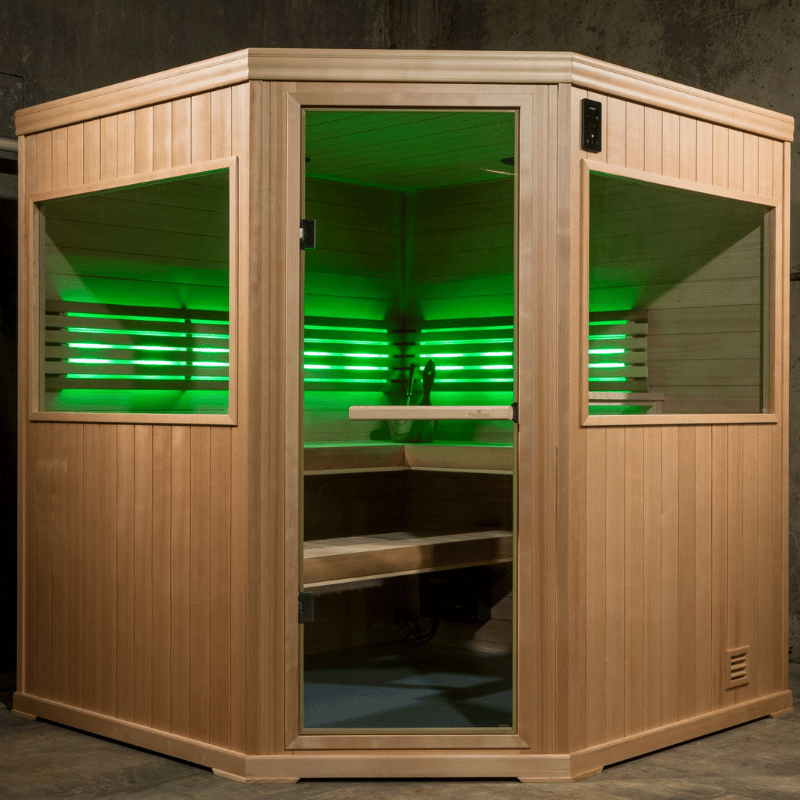 Hallmark 66 - 6'x6' Corner Panel Built Pre Fab Sauna Lighting Green View