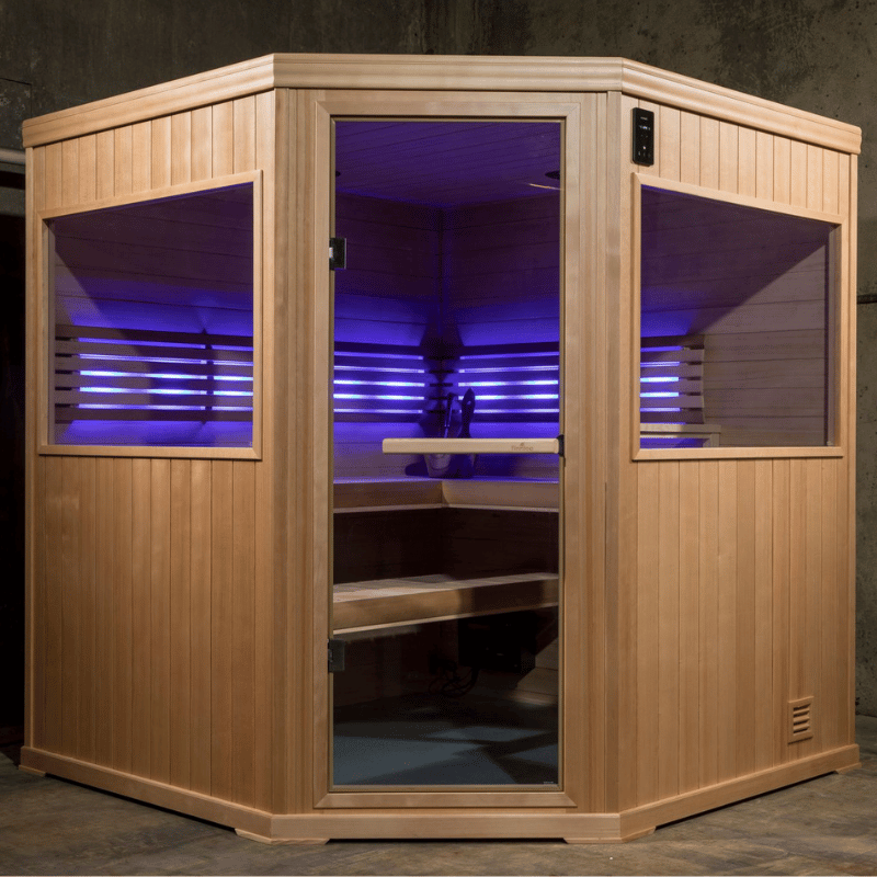 Hallmark 66 - 6'x6' Corner Panel Built Pre Fab Sauna Lighting Purple View