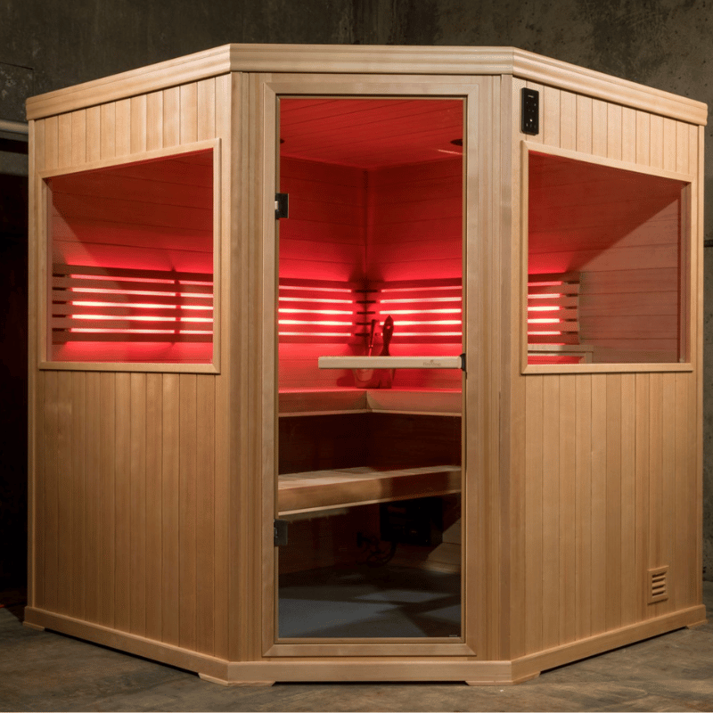 Hallmark 66 - 6'x6' Corner Panel Built Pre Fab Sauna Lighting Red View