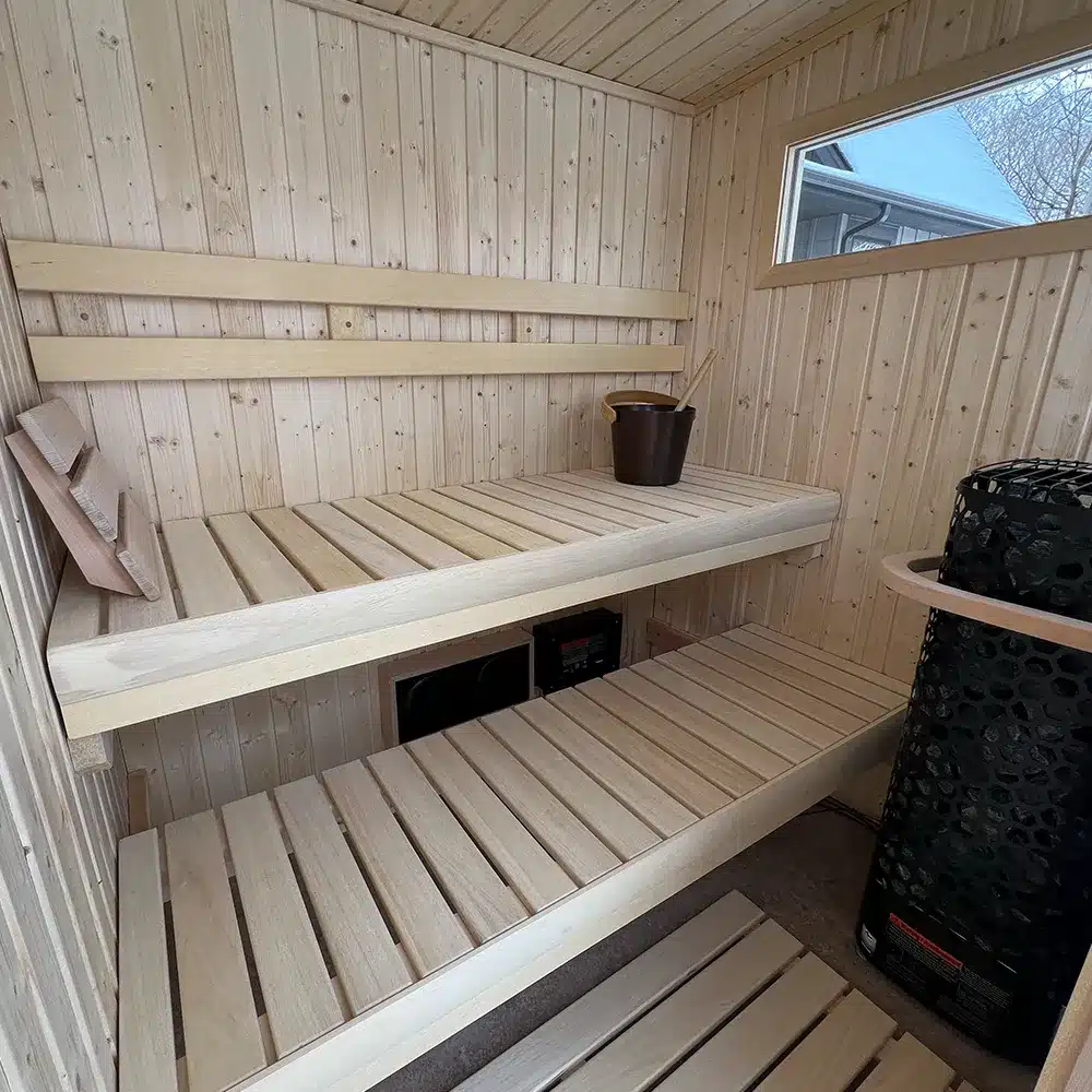 abachi benching and backrest in 5x6 euro sauna in orono