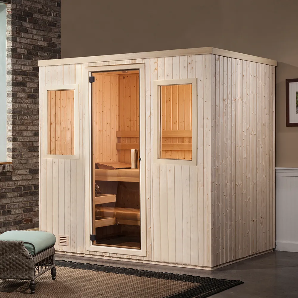 finnleo sisu sauna by sauna supply company - nordic spruce room with 2 bronze tint windows on front