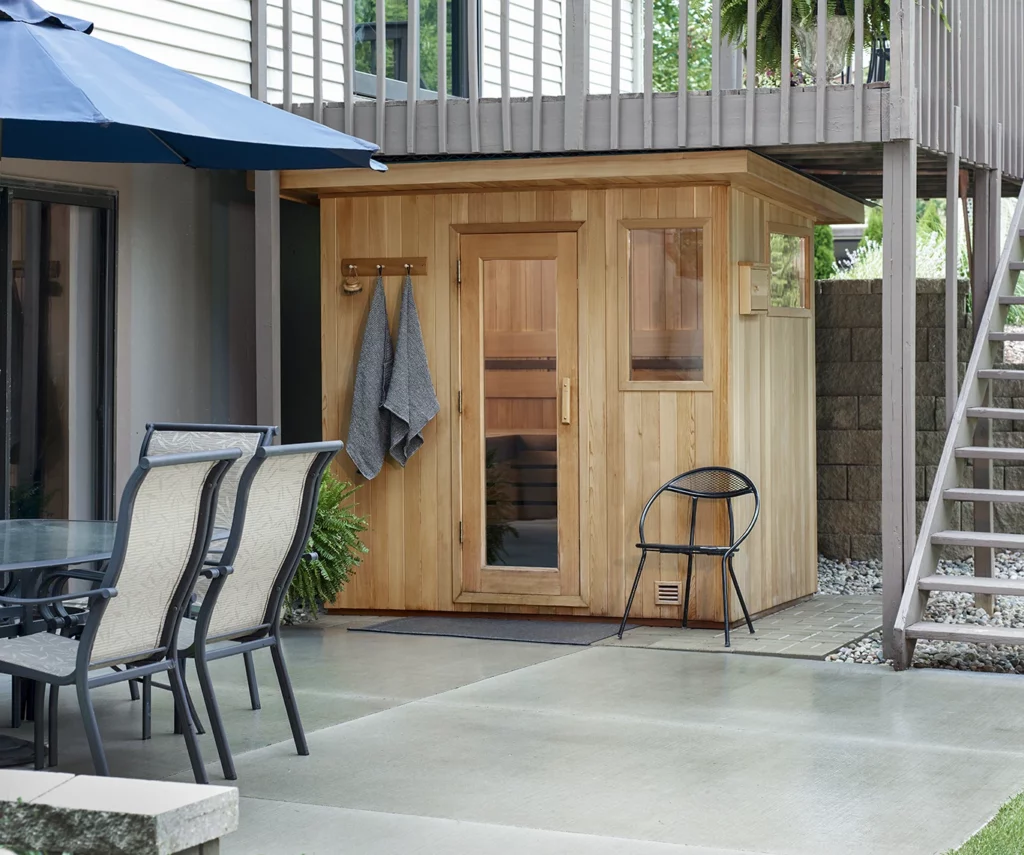 Finnleo Euro custom tradtional sauna under a deck