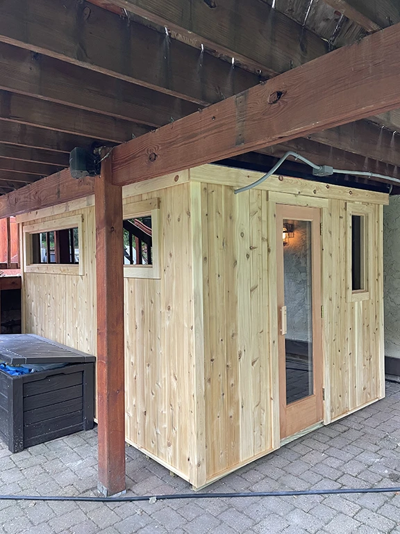 knotty cedar sauna under deck