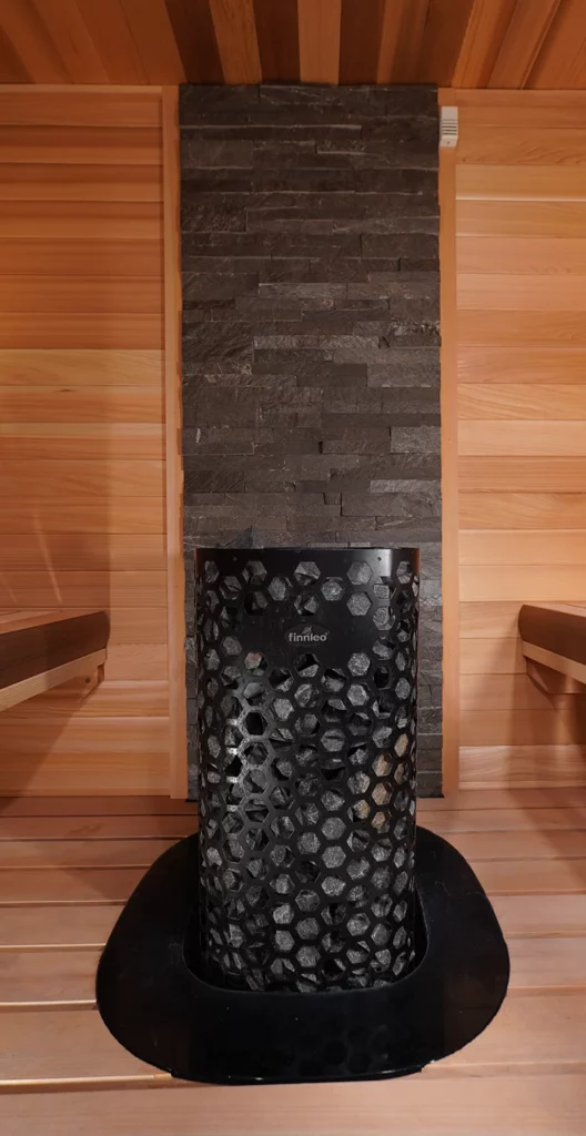 Finnleo Himalaya Rock Tower Sauna Heater in our Custom Cedar Sauna Showroom