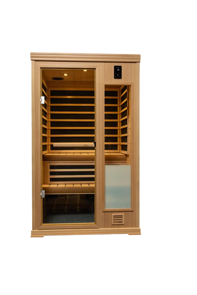 finnleo is440 hybrid traditional and infrared sauna from front view