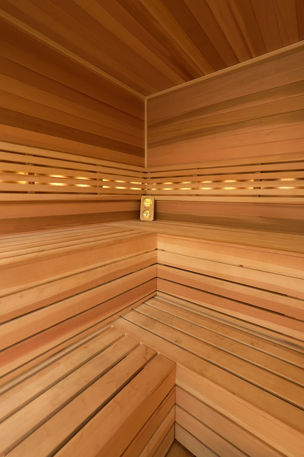 cedar sauna benching, bench skirts, and backrest