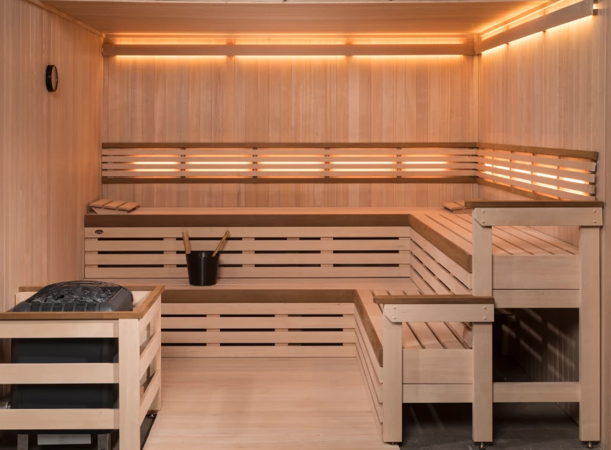 hemlock sauna with bench skirts