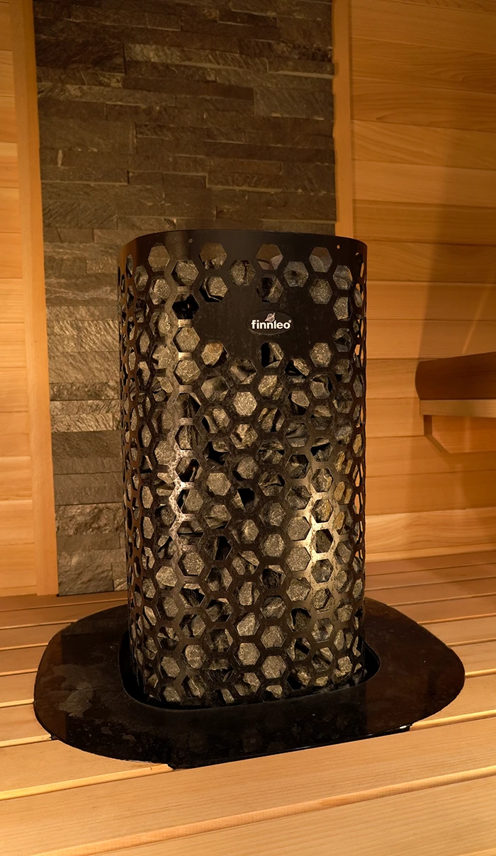 finnleo himalaya rock tower heater in cedar sauna