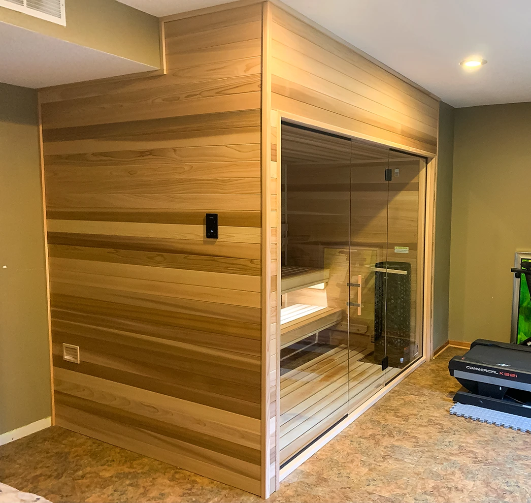 all glass front on cedar sauna