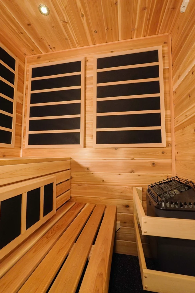 right wall and heater in knotty cedar sauna