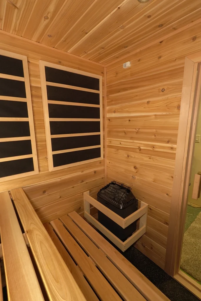 finnleo designer heater in knotty cedar hybrid sauna