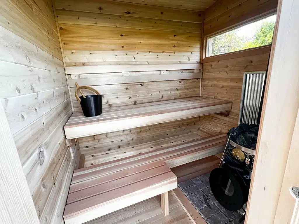 knotty cedar wood-fired sauna interior