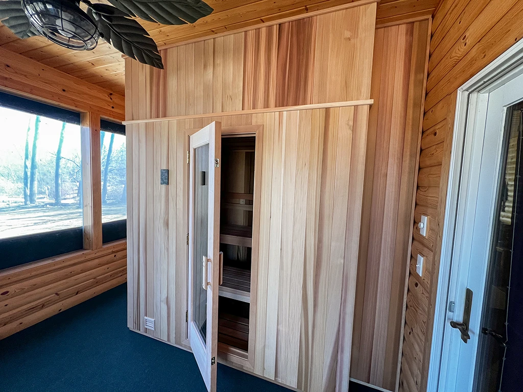 cedar sauna exterior with douglas fir frame door