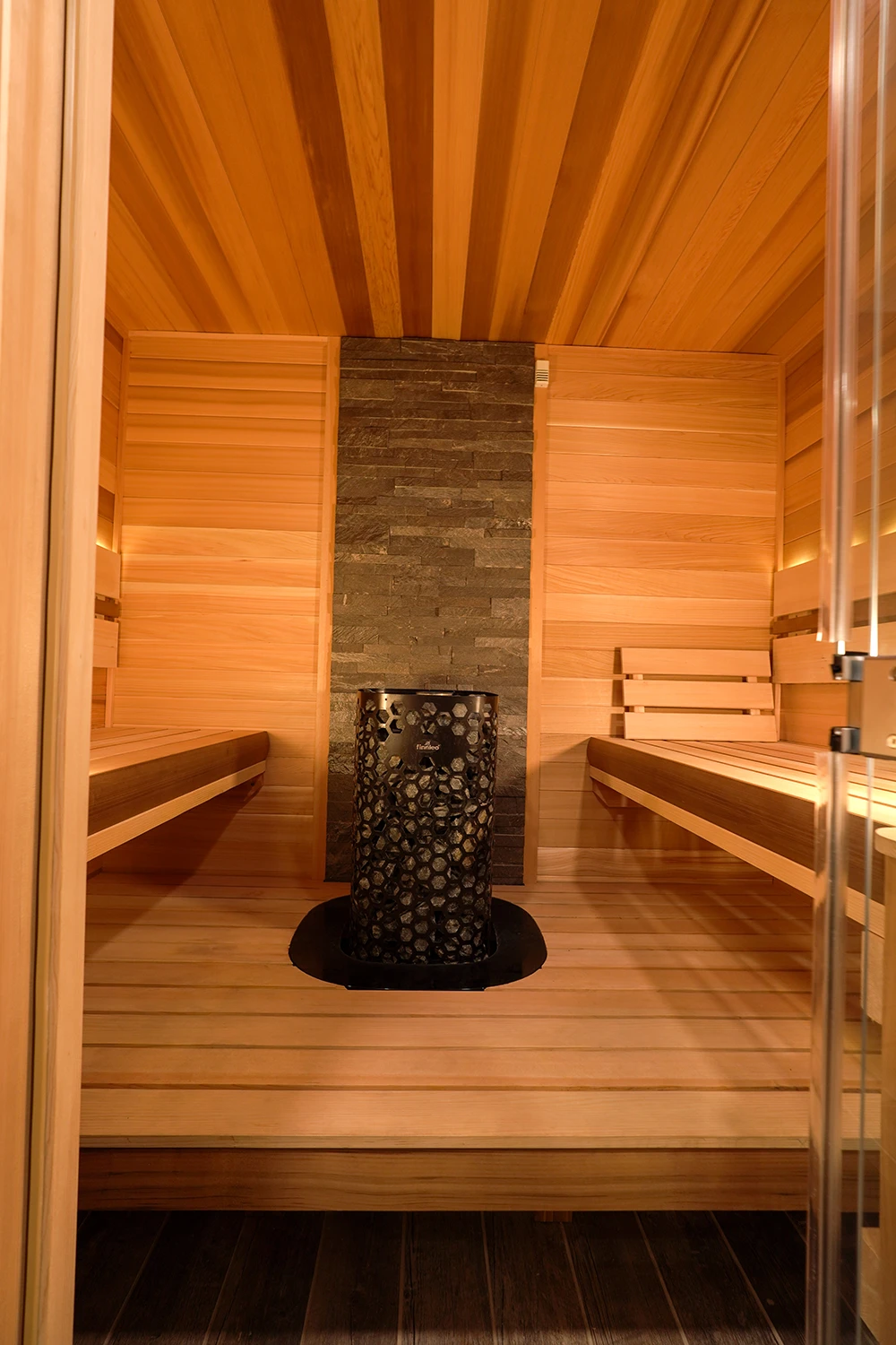 our cedar showroom sauna cedar with a floating bench