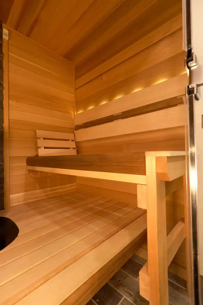 rounded bullnose trim in our custom cedar sauna at our showroom