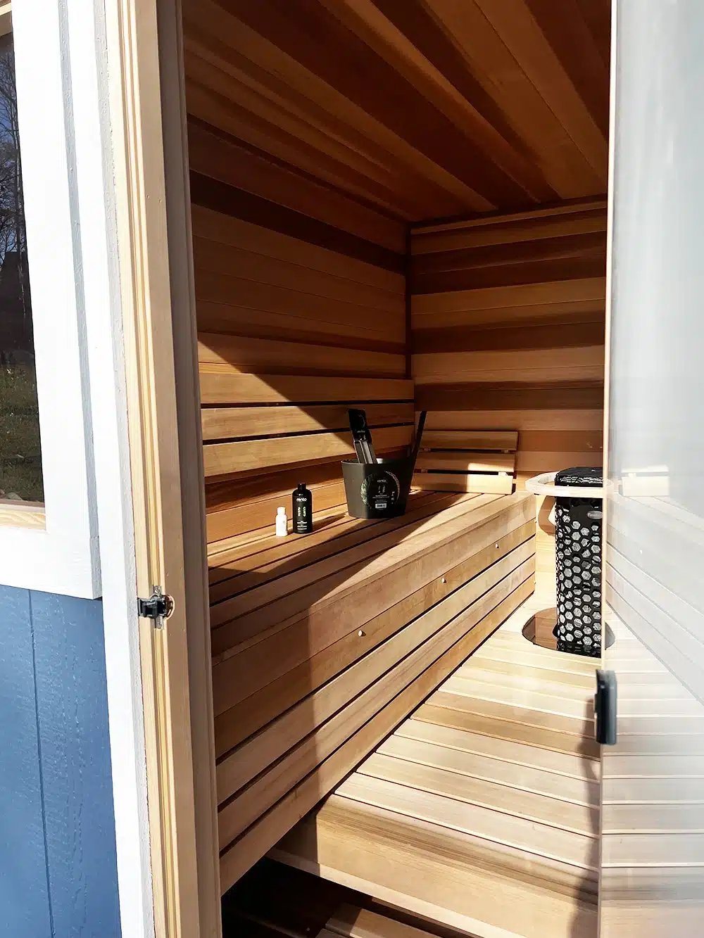 custom cedar sauna interior with bench skirts