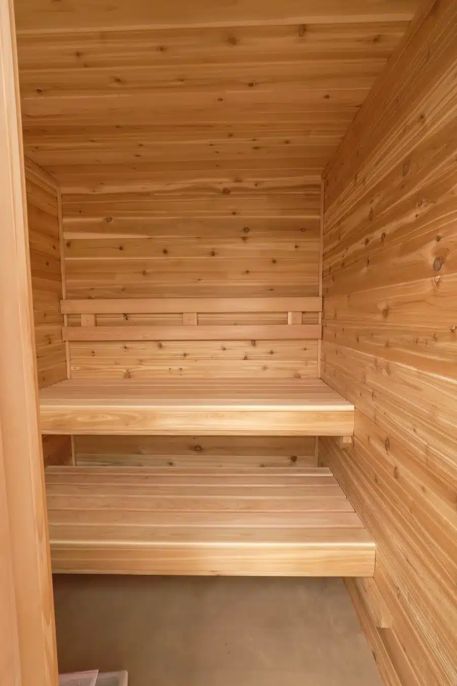 knotty cedar sauna interior 5x5 room, clear cedar benching