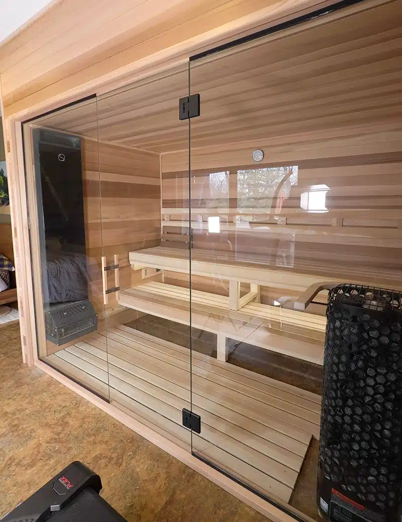 cedar traditional sauna with Saunum Air Equalizer