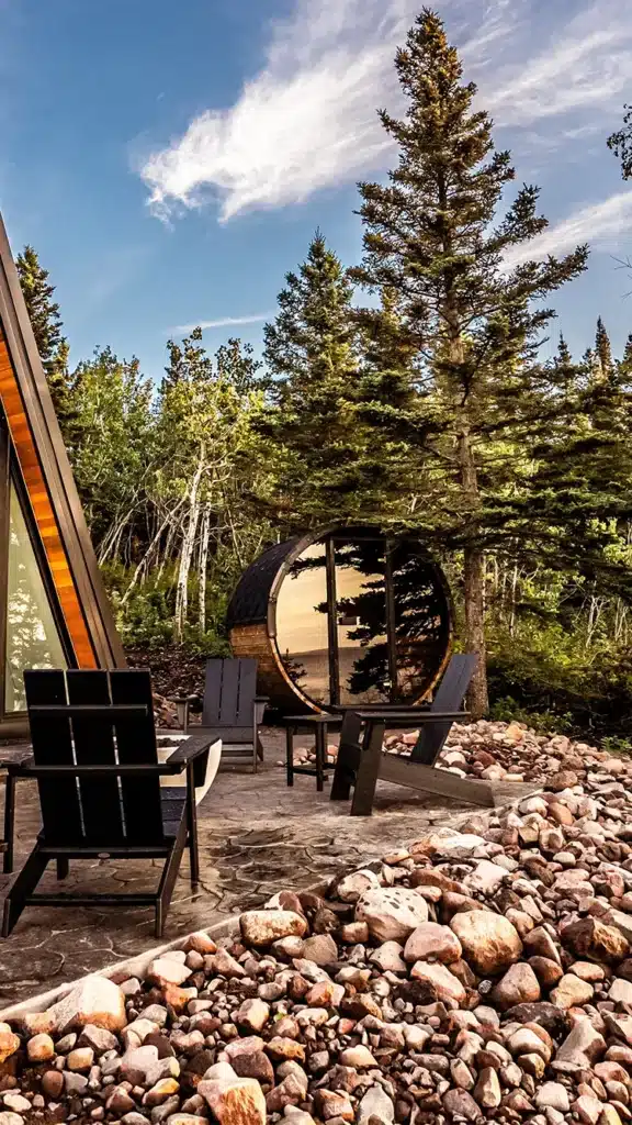 reviva deluxe 600 barrel sauna in woods