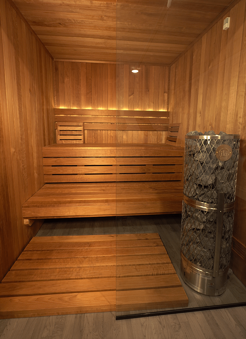 thermo-aspen sauna with iki pillar and all glass front