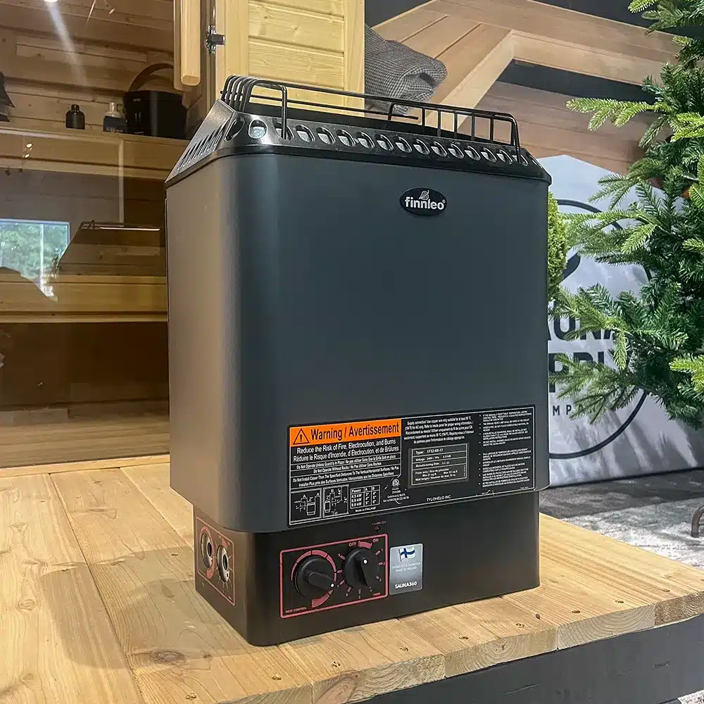 side angle of finnleo designer b sauna heater in sauna supply company showroom