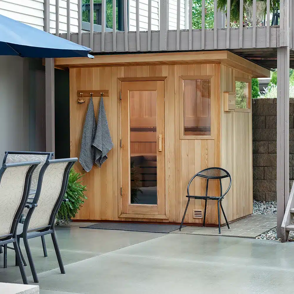 5x7 clear western red cedar outdoor euro sauna under deck