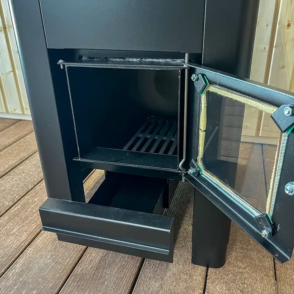 Steam sauna co. SSC 201 wood-fired stove fire box door open