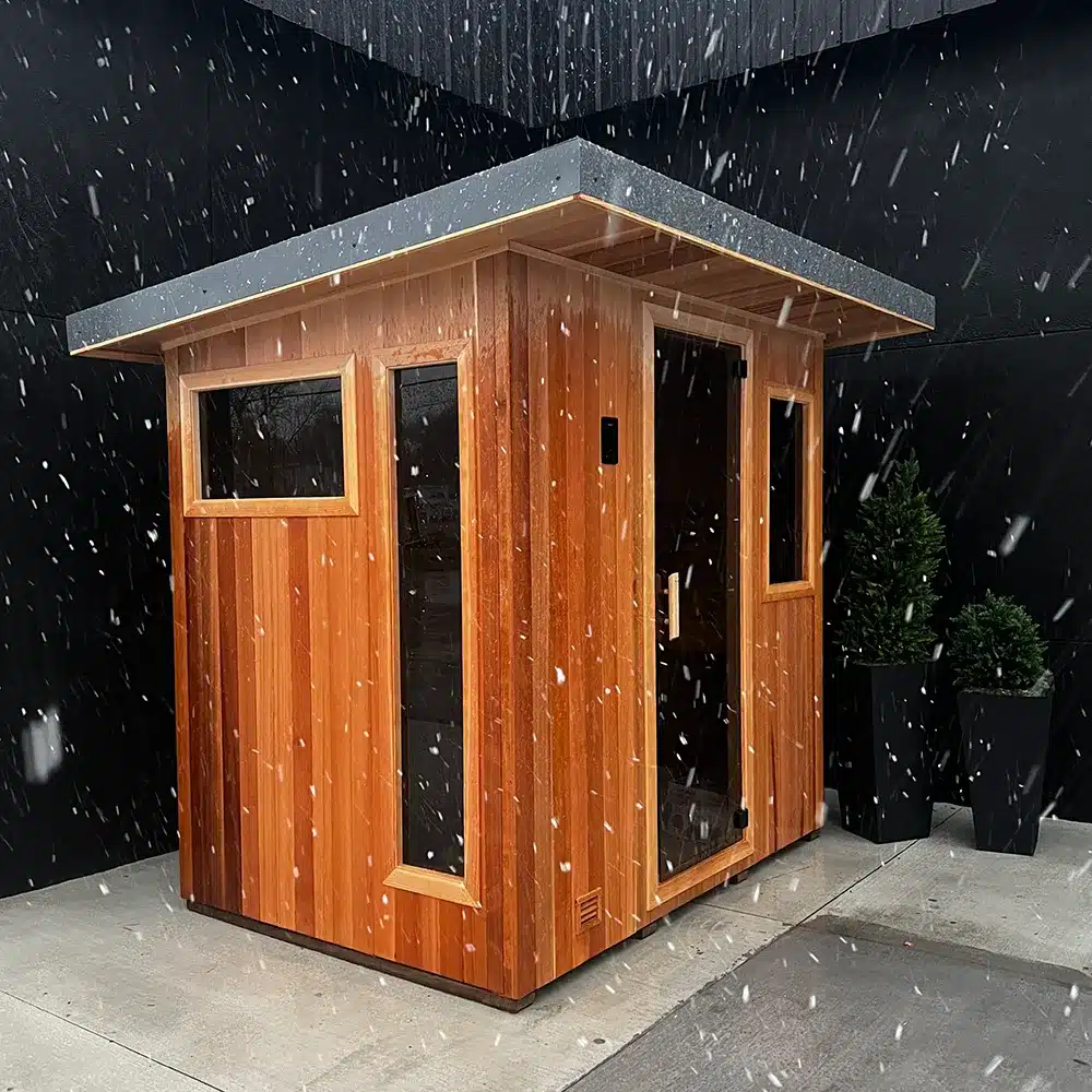 clear cedar euro in front of the sauna supply company showroom in cokato, mn