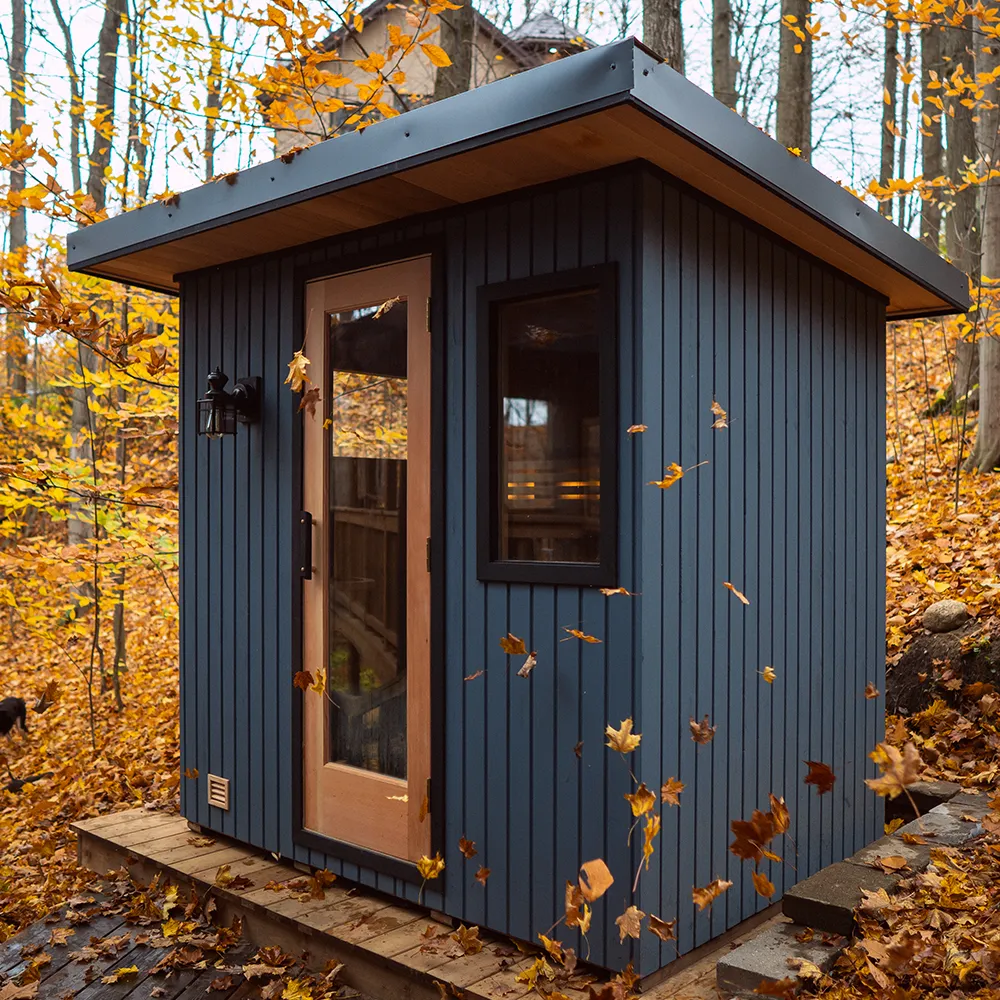 custom 5x7 euro outdoor sauna painted blue with douglas fir frame door