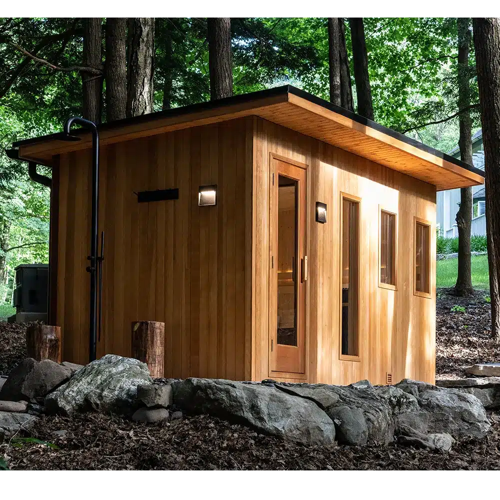 custom 6x12 euro sauna in the woods with cedar exterior