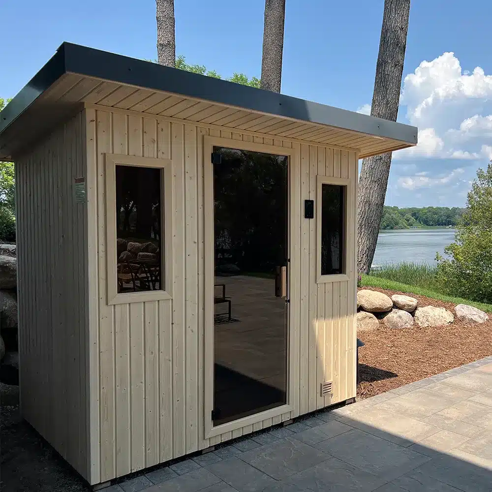 finnleo northstar 5x7 outdoor sauna by the lake