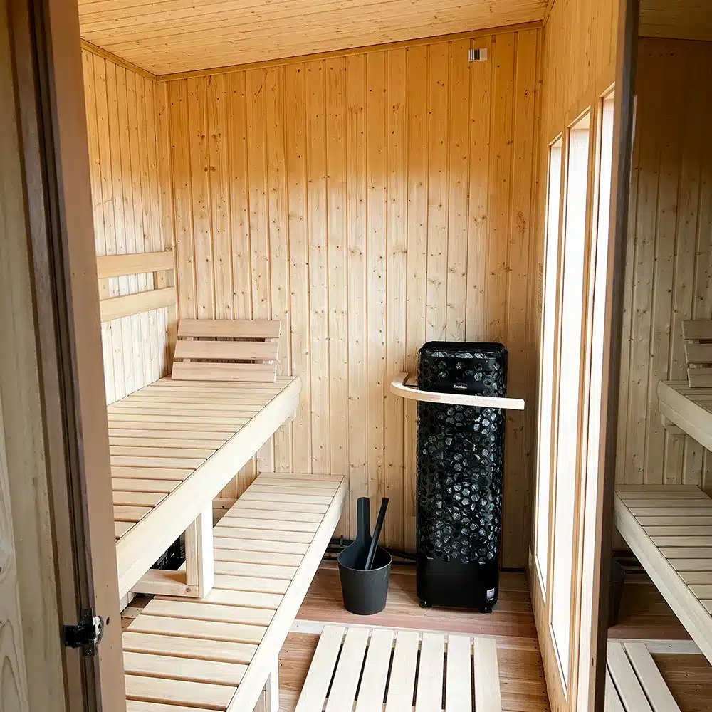 nordic spruce interior with straight back wall benching in 6x12 outdoor euro sauna