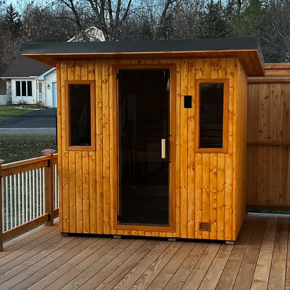 stained finnleo northstar 5x7 sauna on deck
