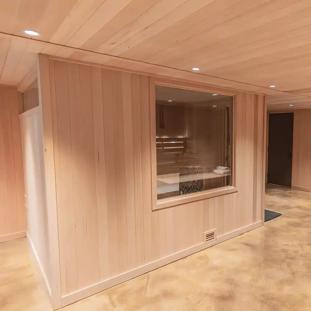 7x10 custom indoor clear hemlock sauna built by sauna supply company in minnesota