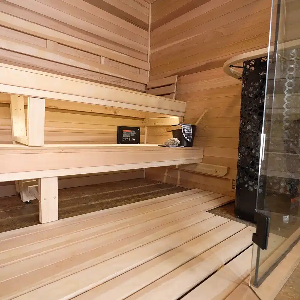 cedar duckboard flooring in custom sauna built by sauna supply company
