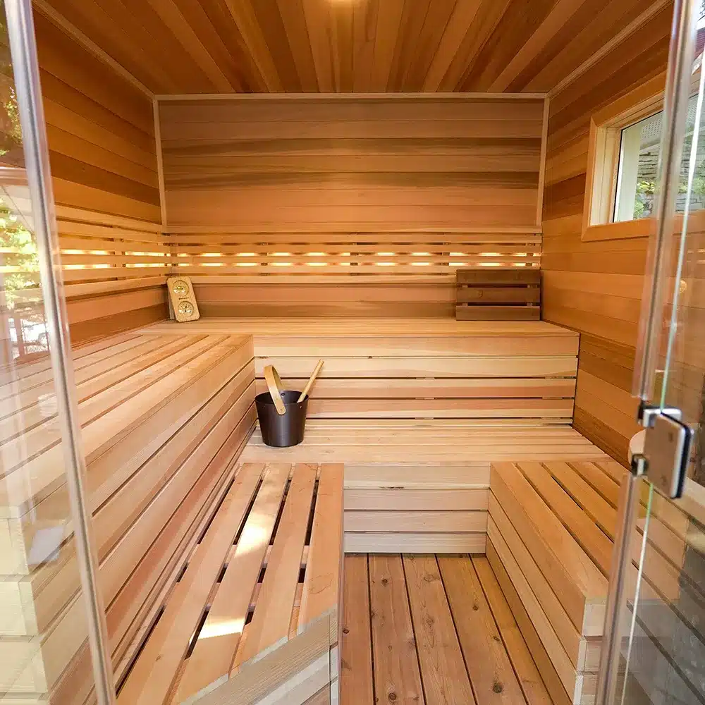 clear cedar interior with upper and lower bench skirts