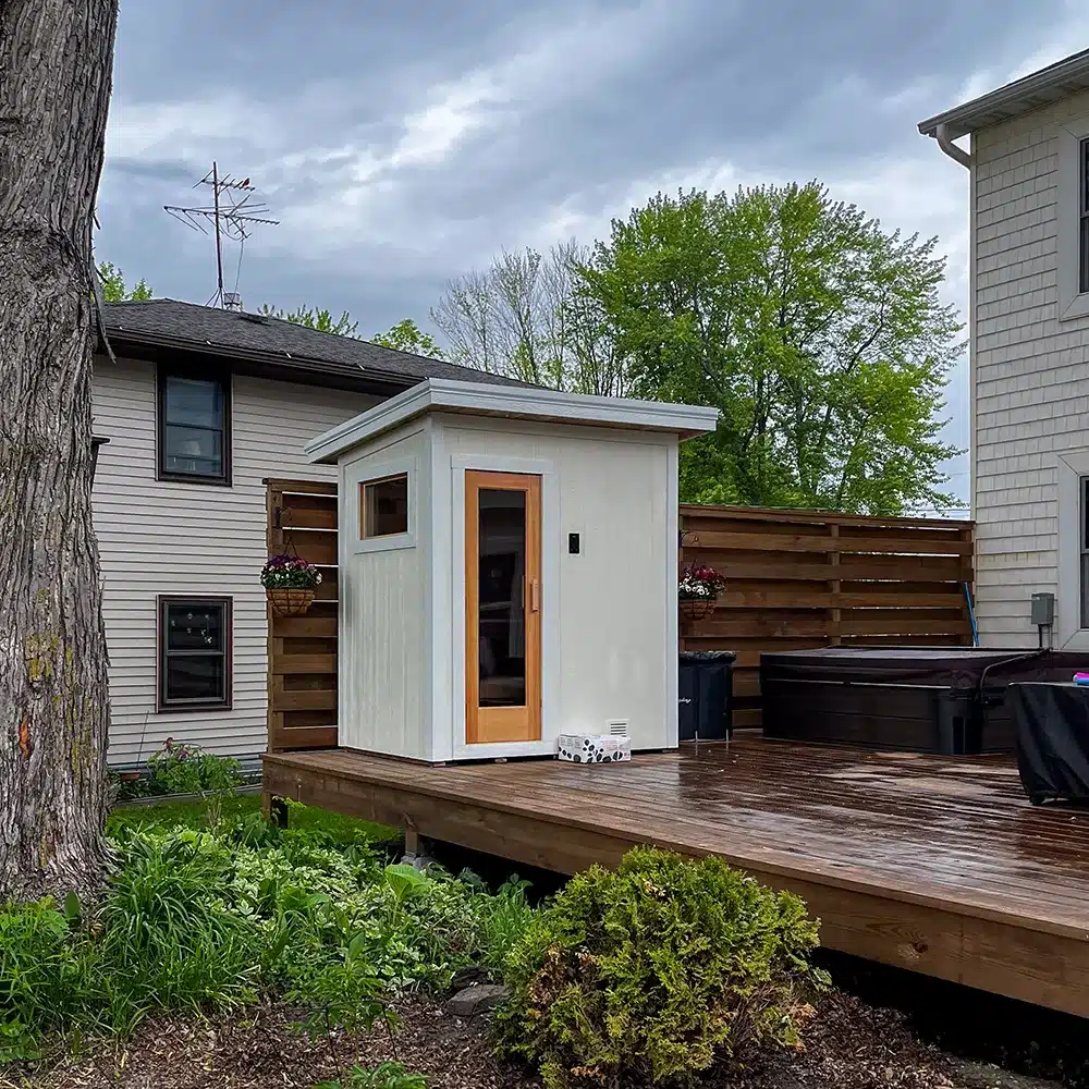 creme white custom outdoor sauna built in waverly minnesota
