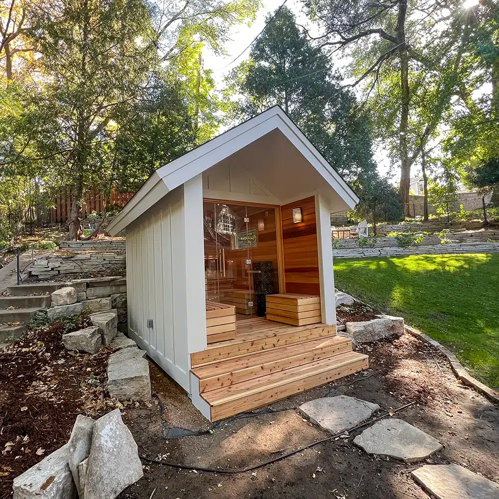 custom clear cedar sauna built in minneapolis backyard