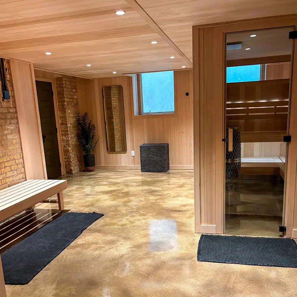 custom spa area and indoor sauna built with clear canadian hemlock wood