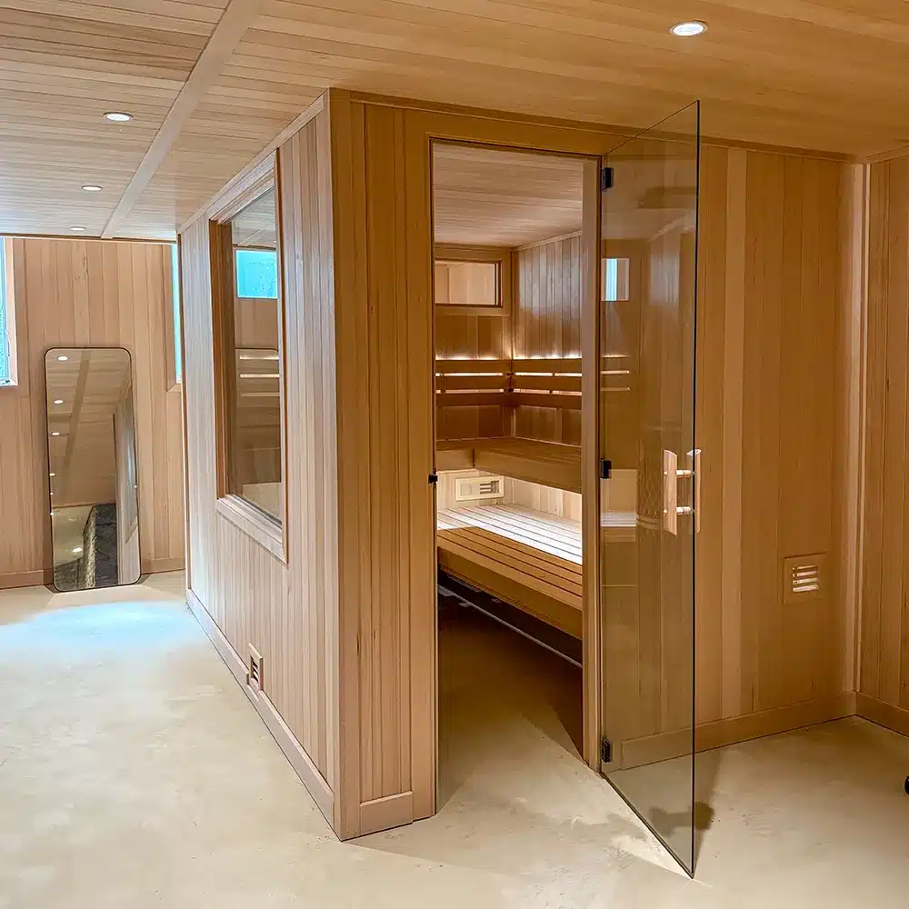 front angle of 7x10 custom clear canadian hemlock traditional sauna