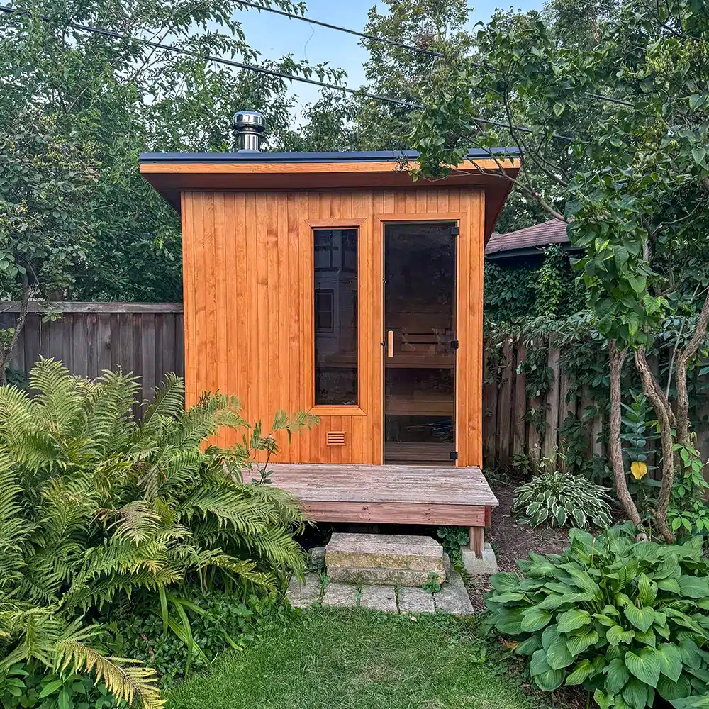 shed converted into a custom clear hemlock outdoor sauna